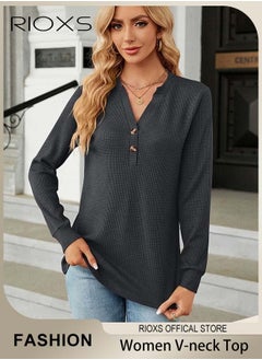 RIOXS V-neck Button Long Sleeve Tops For Women,Solid Color Loose Pullover Shirt,Women's Soft Comfortable Tops,Basic Pullover Shirt For Office Work Daily Wear,Spring Fall Or Winter Blouses Top  - Image 1