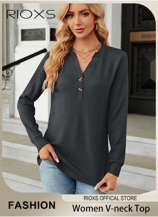 RIOXS V-neck Button Long Sleeve Tops For Women,Solid Color Loose Pullover Shirt,Women's Soft Comfortable Tops,Basic Pullover Shirt For Office Work Daily Wear,Spring Fall Or Winter Blouses Top  - Image 1