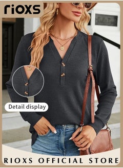 RIOXS V-neck Button Long Sleeve Tops For Women,Solid Color Loose Pullover Shirt,Women's Soft Comfortable Tops,Basic Pullover Shirt For Office Work Daily Wear,Spring Fall Or Winter Blouses Top  - Image 2