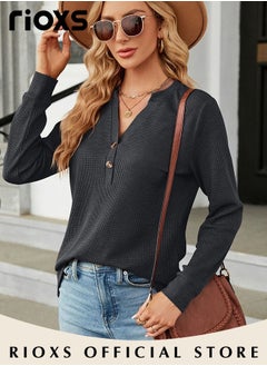 RIOXS V-neck Button Long Sleeve Tops For Women,Solid Color Loose Pullover Shirt,Women's Soft Comfortable Tops,Basic Pullover Shirt For Office Work Daily Wear,Spring Fall Or Winter Blouses Top  - Image 4