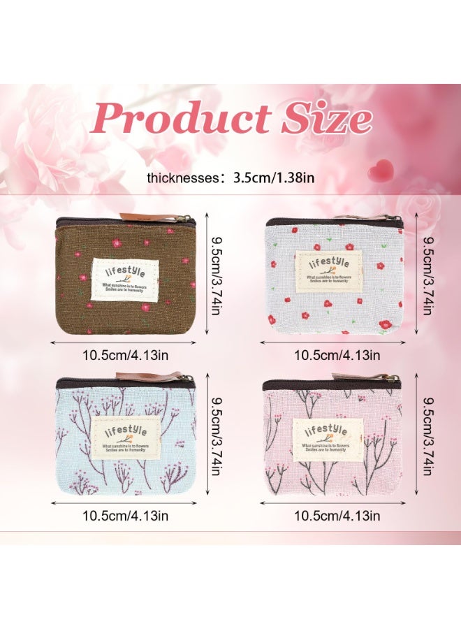 4Pcs Floral Linen Mini Zipper Makeup Pouch, Portable Small Cosmetic Coin Bag Travel Toiletry Storage Organizer for Women Girls - Image 2