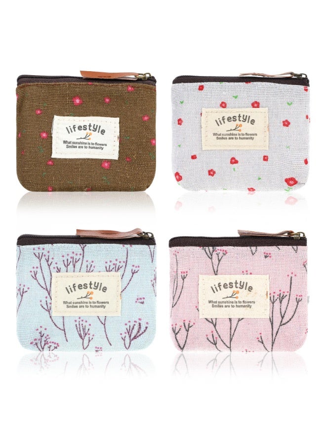4Pcs Floral Linen Mini Zipper Makeup Pouch, Portable Small Cosmetic Coin Bag Travel Toiletry Storage Organizer for Women Girls - Image 1