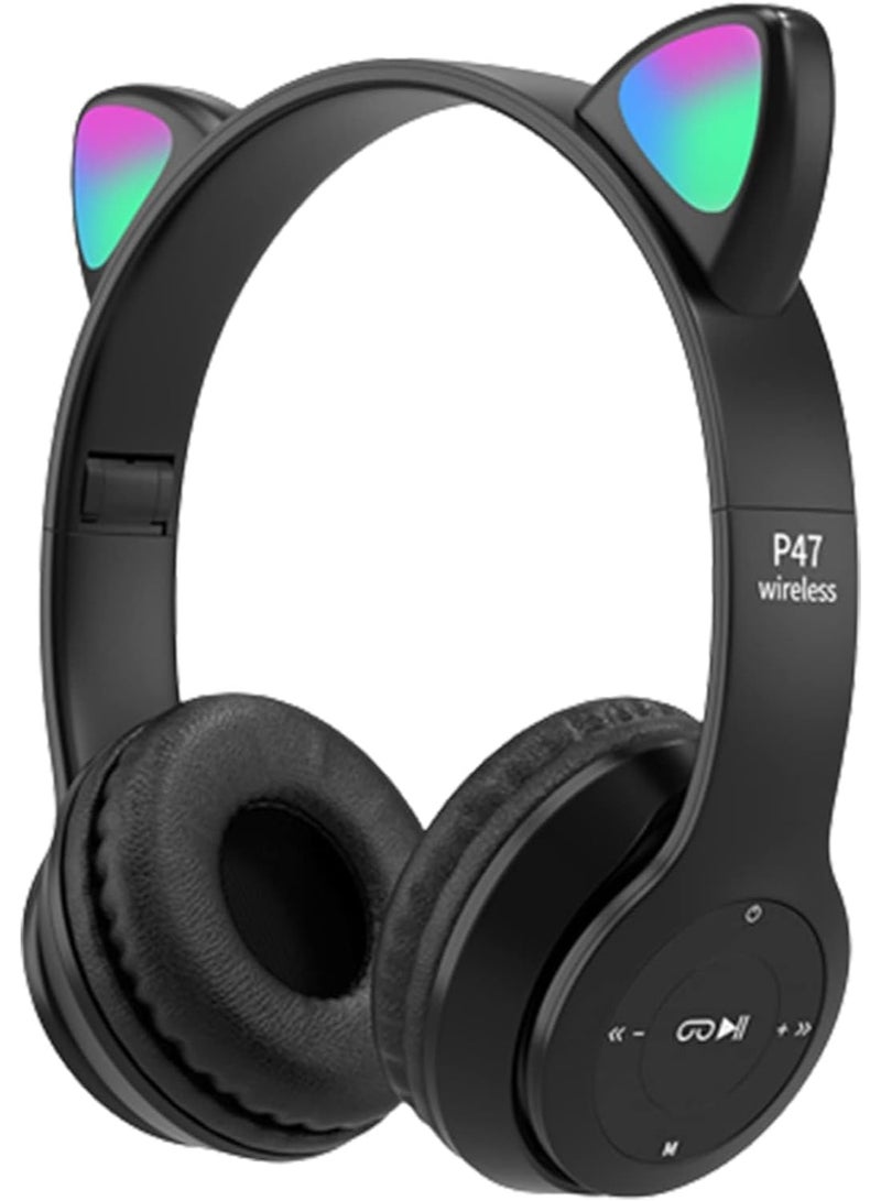 p47m Wireless Bluetooth Headphone Cat RGB LED - Over Ear Stereo Music Headset with Memory Card Support, Gaming Headphones with Built-in Microphone for Laptop, Mobile Phone and PC (Black) - Image 1
