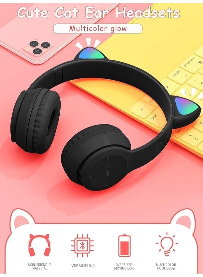 p47m Wireless Bluetooth Headphone Cat RGB LED - Over Ear Stereo Music Headset with Memory Card Support, Gaming Headphones with Built-in Microphone for Laptop, Mobile Phone and PC (Black) - Image 2