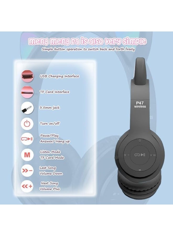 p47m Wireless Bluetooth Headphone Cat RGB LED - Over Ear Stereo Music Headset with Memory Card Support, Gaming Headphones with Built-in Microphone for Laptop, Mobile Phone and PC (Black) - Image 3