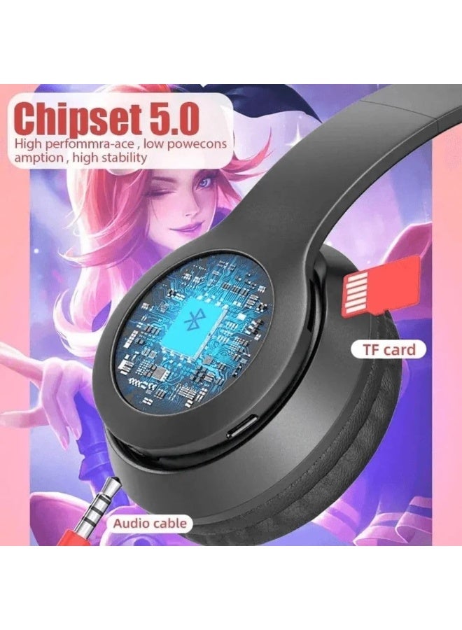 p47m Wireless Bluetooth Headphone Cat RGB LED - Over Ear Stereo Music Headset with Memory Card Support, Gaming Headphones with Built-in Microphone for Laptop, Mobile Phone and PC (Black) - Image 4
