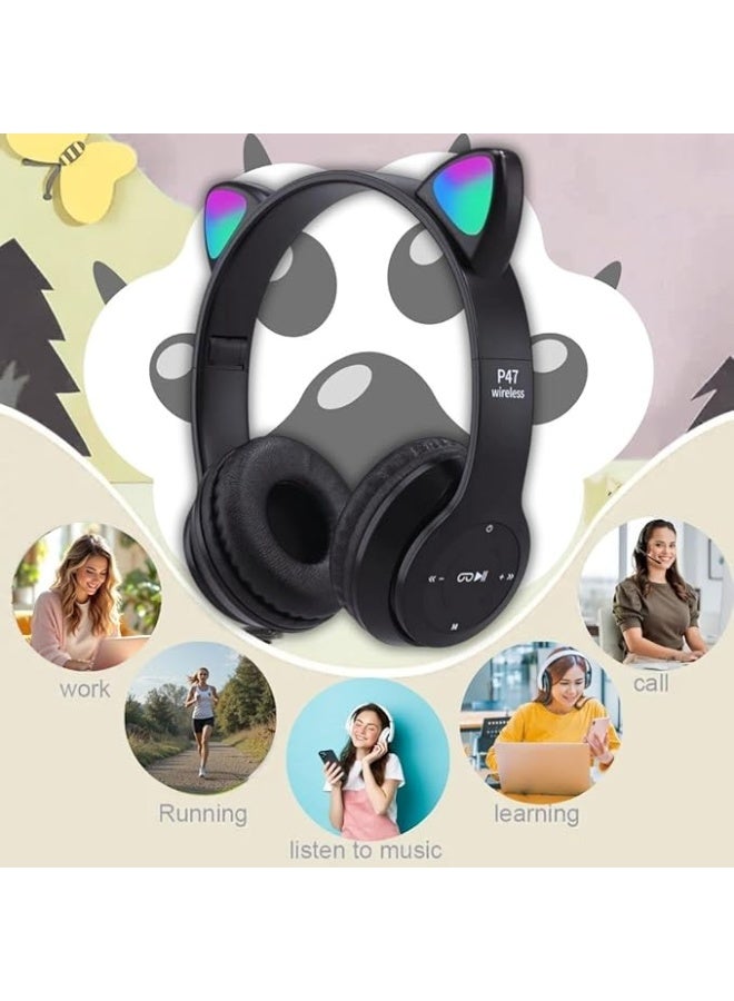 p47m Wireless Bluetooth Headphone Cat RGB LED - Over Ear Stereo Music Headset with Memory Card Support, Gaming Headphones with Built-in Microphone for Laptop, Mobile Phone and PC (Black) - Image 5