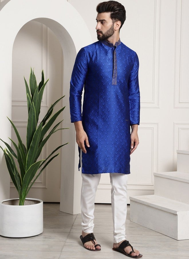 Sojanya Silk Blend Blue Kurta With Churidar For Men - Image 4