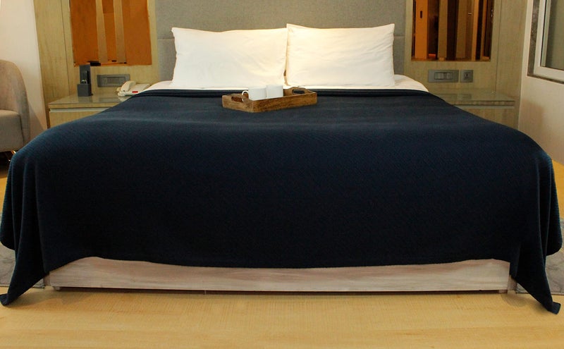 COTTON CRAFT Soft Cotton Thermal Blanket - Plush Herringbone Twill - All Season Luxurious Breathable Skin Friendly Lightweight Cooling Throw Blanket - Sofa Couch Travel Camping Dorm - Full Queen Navy - Image 4