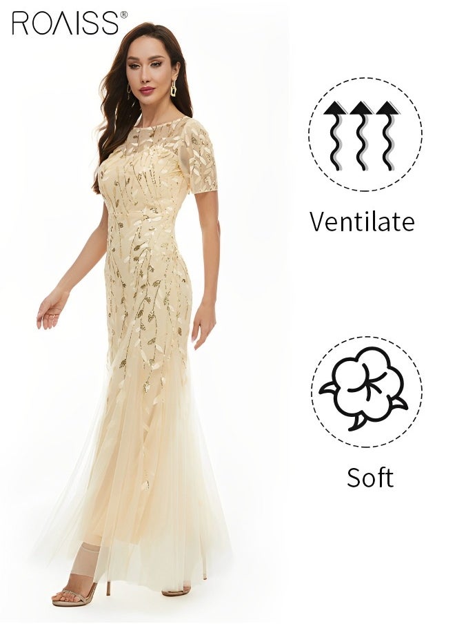 roaiss - Women's Sequin Embroidered Banquet Dress Mesh Lace Patchwork Slim Fitting Dress Fish Tail Dress Short Sleeved Round Neck  A-line   High-Rise Bridesmaid Dress  for Ladies Ramadan Eid al-Adha - Image 1