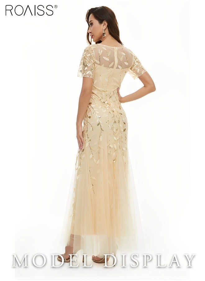 roaiss - Women's Sequin Embroidered Banquet Dress Mesh Lace Patchwork Slim Fitting Dress Fish Tail Dress Short Sleeved Round Neck  A-line   High-Rise Bridesmaid Dress  for Ladies Ramadan Eid al-Adha - Image 1