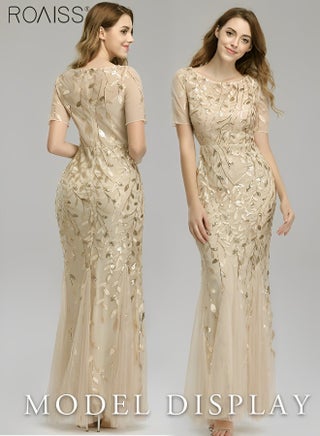 Women's Sequin Embroidered Banquet Dress Mesh Lace Patchwork Slim Fitting Dress Fish Tail Dress Short Sleeved Round Neck  A-line   High-Rise Bridesmaid Dress  for Ladies Ramadan Eid al-Adha - pzsku/ZA720D84CC4D94F321AD1Z/45/1746230823/890e2b87-ee66-470a-b536-1c98f9614573