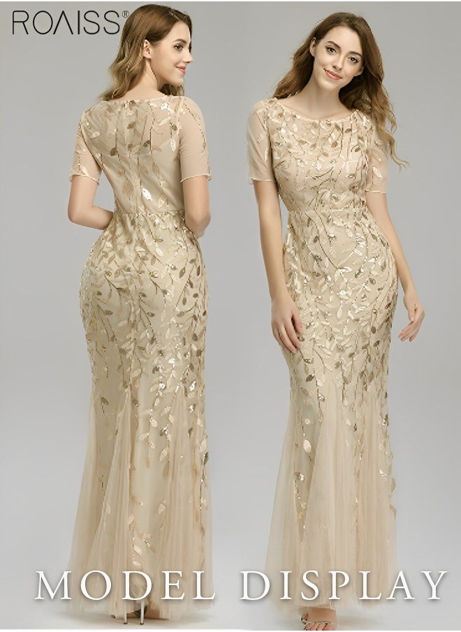 roaiss - Women's Sequin Embroidered Banquet Dress Mesh Lace Patchwork Slim Fitting Dress Fish Tail Dress Short Sleeved Round Neck  A-line   High-Rise Bridesmaid Dress  for Ladies Ramadan Eid al-Adha - Image 1