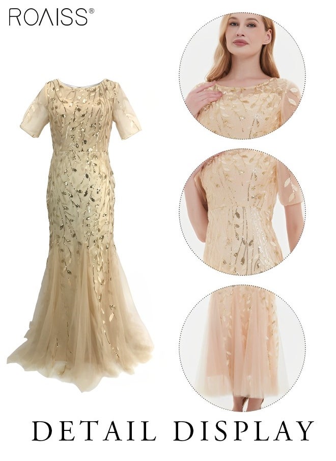 roaiss - Women's Sequin Embroidered Banquet Dress Mesh Lace Patchwork Slim Fitting Dress Fish Tail Dress Short Sleeved Round Neck  A-line   High-Rise Bridesmaid Dress  for Ladies Ramadan Eid al-Adha - Image 1