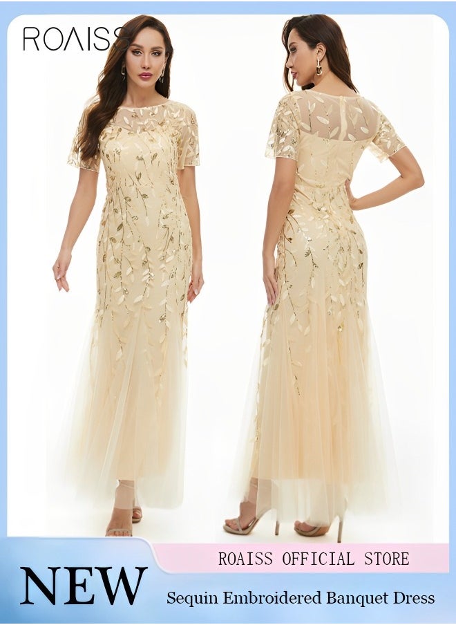 roaiss - Women's Sequin Embroidered Banquet Dress Mesh Lace Patchwork Slim Fitting Dress Fish Tail Dress Short Sleeved Round Neck  A-line   High-Rise Bridesmaid Dress  for Ladies Ramadan Eid al-Adha - Image 1