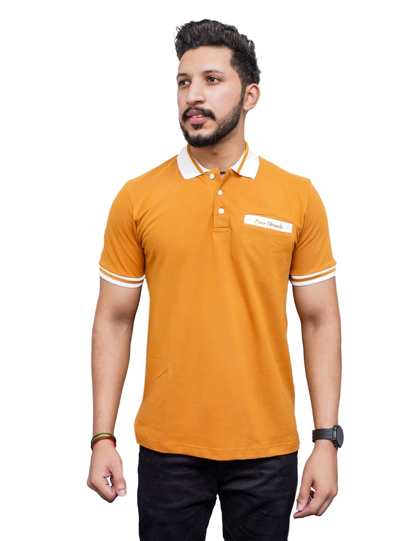 ECONO Finer Threads Mustard Men's Polo Shirt with Contrast Collar and Thin Stripes-Regular Fit  - Image 2