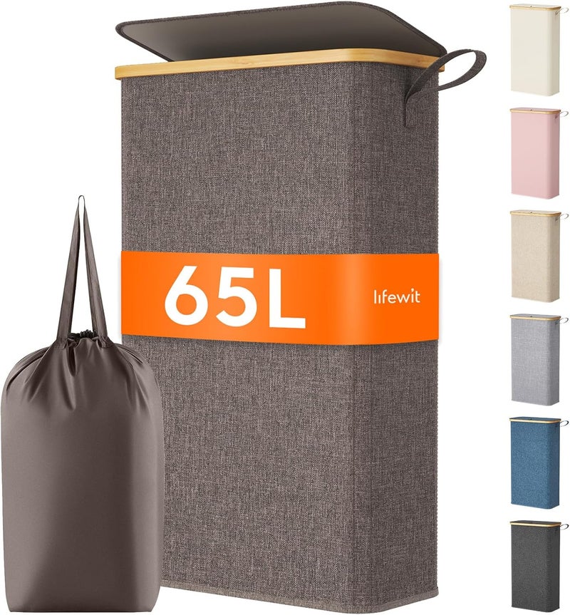 Lifewit 65L Slim Laundry Hamper with Lid, Narrow Laundry Basket with Removable Bag & Bamboo Handles, Fodable Thin Dirty Clothes Hamper for Laundry Collapsible Bin for Bathroom Bedroom Dorm, Brown - Image 1