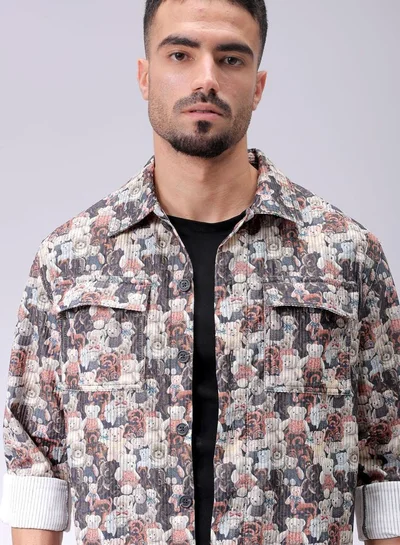 The Indian Garage Co Men Regular Fit Kidult Printed Full Sleeves Cutaway Collar Double Flap Pocket Street Wear Over Shirt