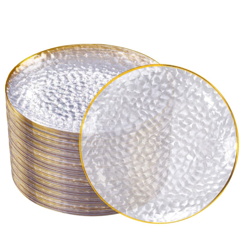 DaYammi 100 Pcs Gold Plastic Plates - 10 inch Clear Gold Dinner Plates Plastic Plates Disposable - Hammer Pattern Design - Fancy Disposable Plate - Heavy Duty Party Plate Ideal for Wedding - Image 1