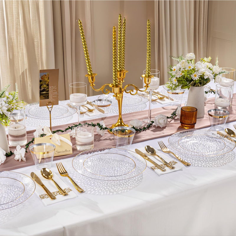 DaYammi 100 Pcs Gold Plastic Plates - 10 inch Clear Gold Dinner Plates Plastic Plates Disposable - Hammer Pattern Design - Fancy Disposable Plate - Heavy Duty Party Plate Ideal for Wedding - Image 5