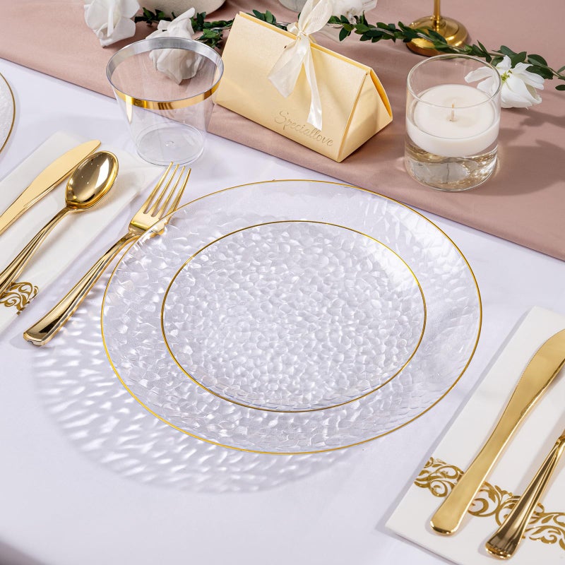 DaYammi 100 Pcs Gold Plastic Plates - 10 inch Clear Gold Dinner Plates Plastic Plates Disposable - Hammer Pattern Design - Fancy Disposable Plate - Heavy Duty Party Plate Ideal for Wedding - Image 4