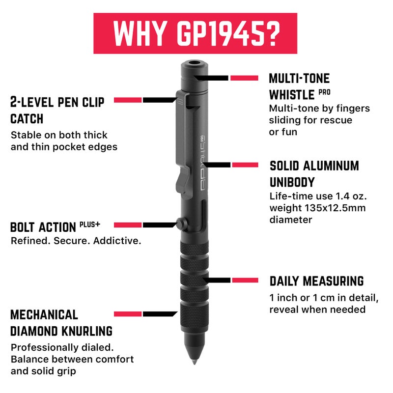 GPCA - GP 1945 Pen LITE, Pen Light Smart Alternative, Refillable EDC Multitool with Multi-Tone Rescue Whistle, Measurement on grip, Survival Gear for Camping, Hiking, Aluminum, Jet Black - Image 3