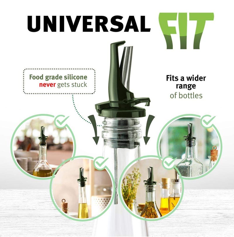 Poura Olive Oil Spout for Olive Oil Dispenser - UK Patented Oil Pourer - Mid Flow Shut Off for Accurate Measurement - One Handed Open & Close Cap Keeps Oil Fresh and Prevents Oxidization - Green 6 Pack - Image 2