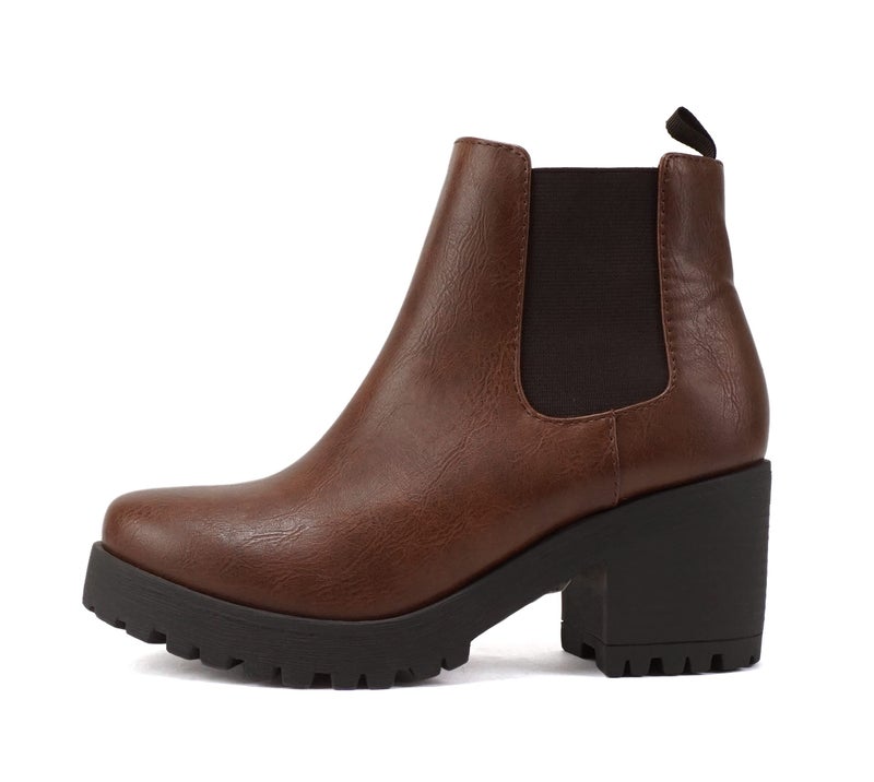 Soda Top Shoes Jaber Ankle Boot W Lug Sole Elastic Gore and Chunky Heel (Brown Pu, 8) - Image 1