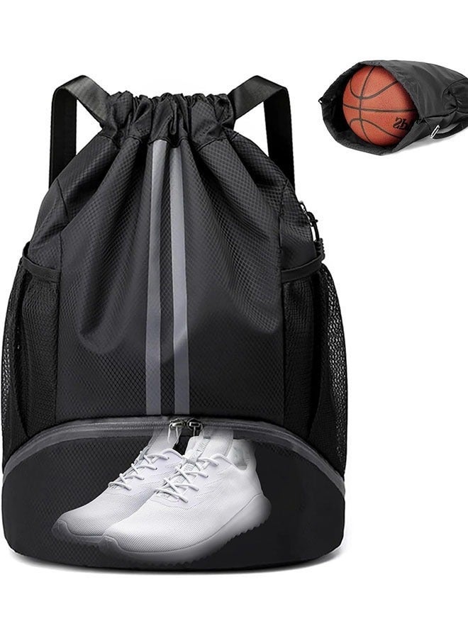Arabest حقيبة ظهر رياضية بسحب الحبل، حقيبة سباحة ورياضة مع قسم للأحذية وجيب مقاوم للماء، حقيبة كرة سلة بجيب رطب وجاف، حقيبة كرة قدم وأحذية، حقيبة ظهر مقاومة للماء لكرة القدم، كرة السلة والرجبي - Image 1