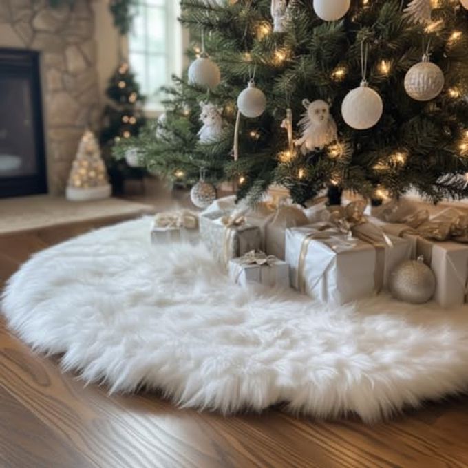 48 INCH WHITE FAUX FUR CHRISTMAS TREE SKIRT LUXURY PLUSH TREE BASE COVER FOR HOLIDAY PARTY AND HOME CHRISTMAS DECOR