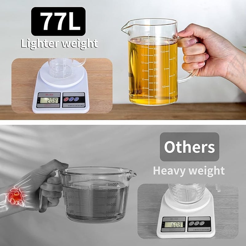 77L Glass Measuring Cup, 【Insulated handle, V-Shaped Spout】, High Borosilicate Glass Measuring Cup for Kitchen or Restaurant, Easy To Read, 500 ML (0.5 Liter, 2 Cup) - Image 4