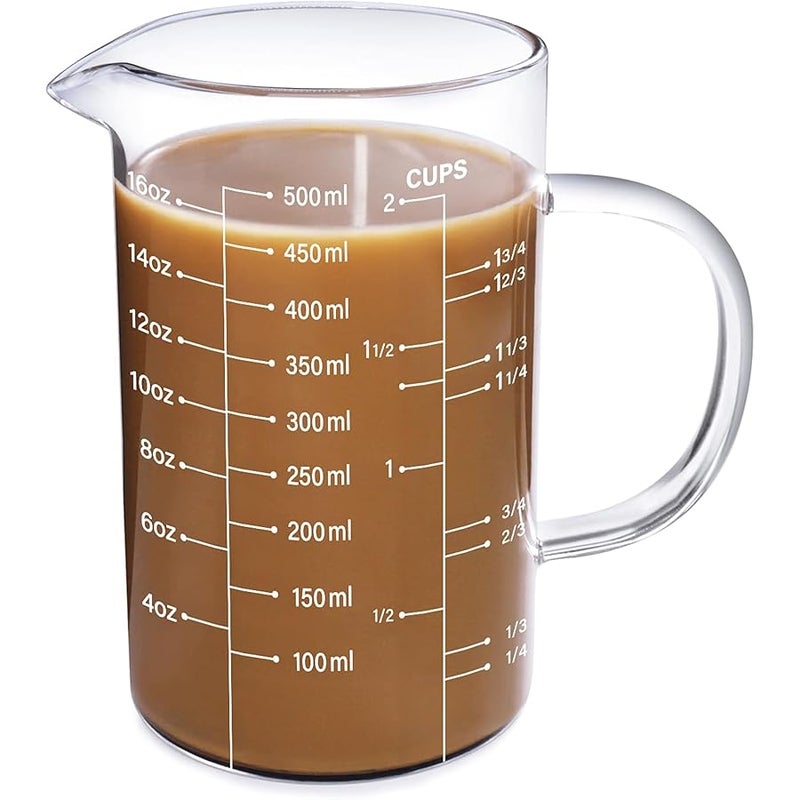77L Glass Measuring Cup, 【Insulated handle, V-Shaped Spout】, High Borosilicate Glass Measuring Cup for Kitchen or Restaurant, Easy To Read, 500 ML (0.5 Liter, 2 Cup) - Image 1