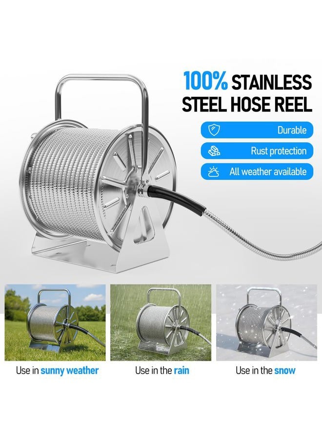 SPECILITE Stainless Steel Garden Hose Reel, 100FT Drinking Water Hose and 6.2FT Leading Pipe Wall/Floor Mounted Metal Reel with Crank Handle for Outside, Patio, Patio - Image 2
