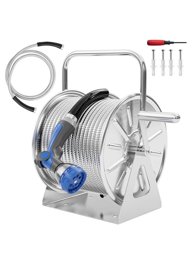 SPECILITE Stainless Steel Garden Hose Reel, 100FT Drinking Water Hose and 6.2FT Leading Pipe Wall/Floor Mounted Metal Reel with Crank Handle for Outside, Patio, Patio - Image 1