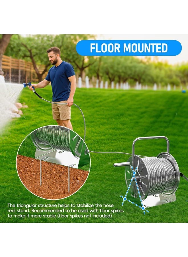 SPECILITE Stainless Steel Garden Hose Reel, 100FT Drinking Water Hose and 6.2FT Leading Pipe Wall/Floor Mounted Metal Reel with Crank Handle for Outside, Patio, Patio - Image 4