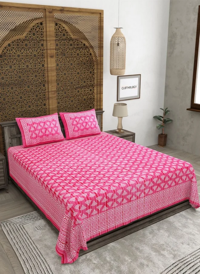 CLOTHOLOGY CLOTHOLOGY Pink & White Printed Pure Cotton 180 TC King Bedsheet Set