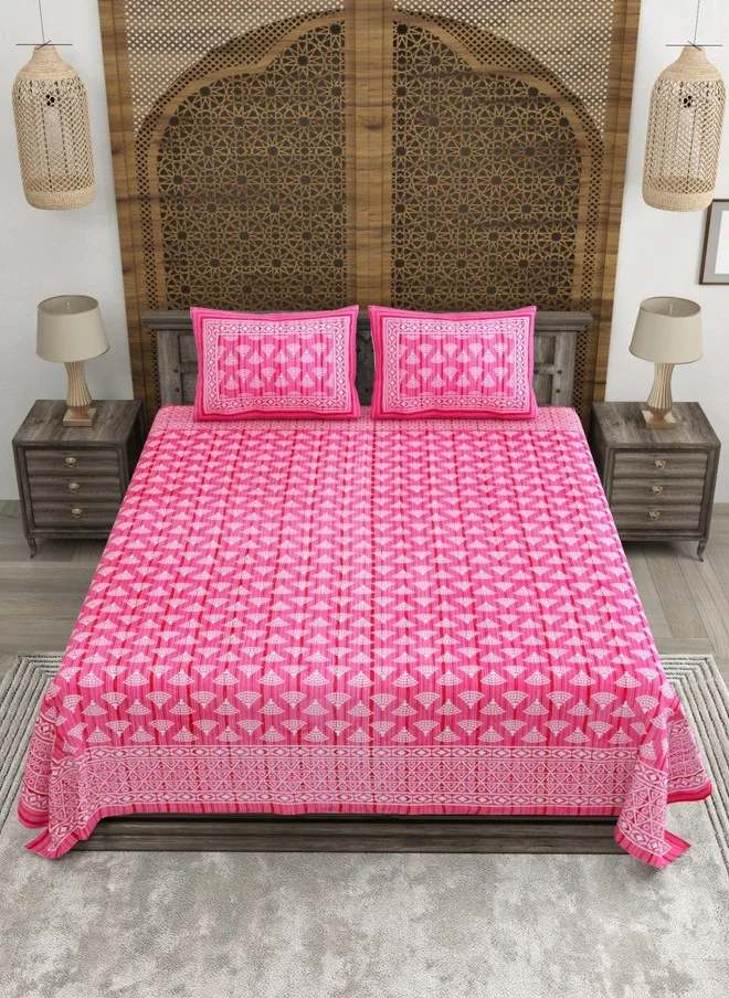 CLOTHOLOGY CLOTHOLOGY Pink & White Printed Pure Cotton 180 TC King Bedsheet Set