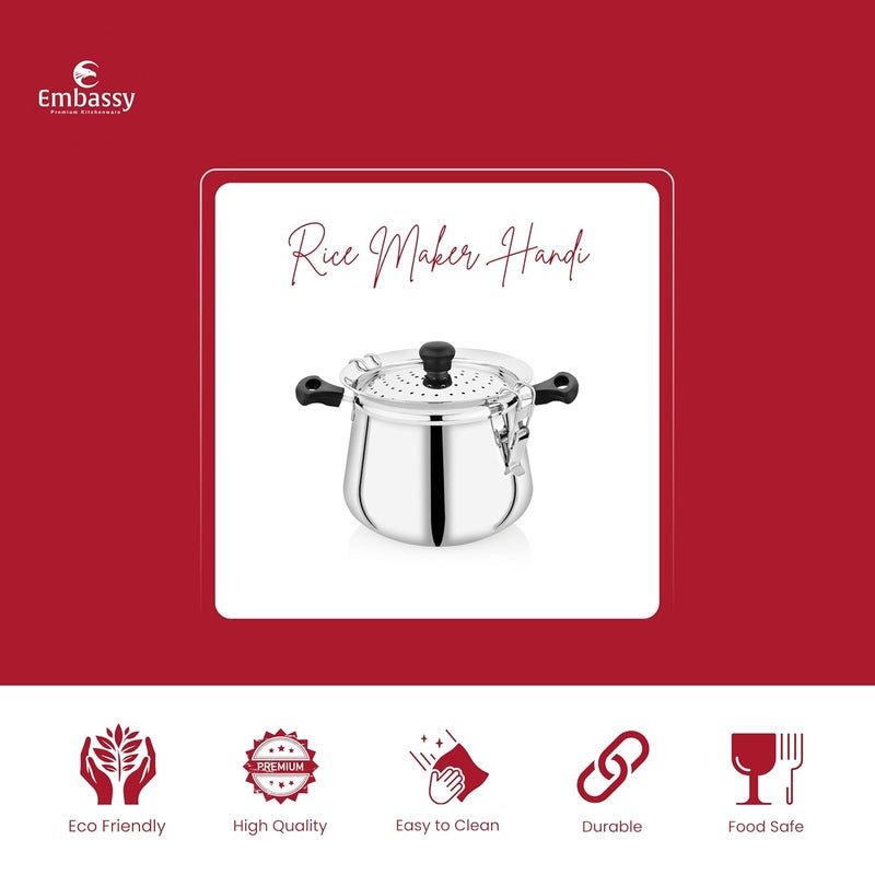Embassy Stainless Steel Rice Cooking Handi/Pot with Straining Lid & Lockable Lid | Ideal for Straining Rice, Noodles, Pasta, Corn & Vegetables | Multipurpose Steamer | 4.5 Liters |Induction Friendly - Image 2