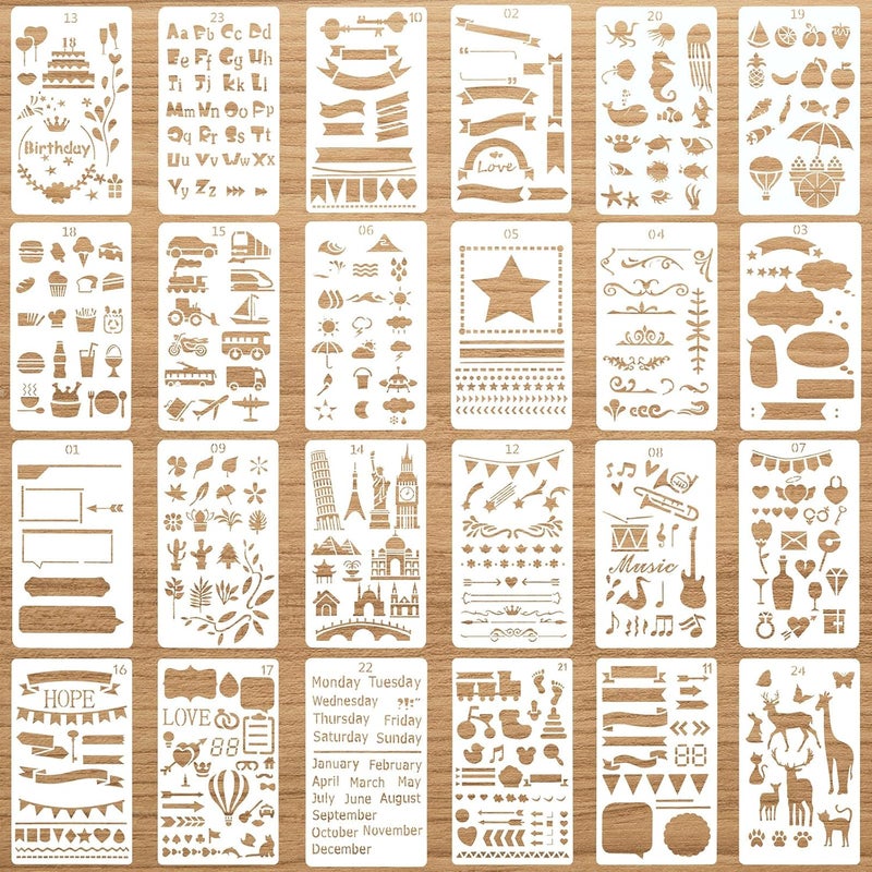 Zonon 24 Pieces Journal Stencil Plastic Planner DIY Drawing Template Painting Template for Journal Notebook Diary Scrapbook Home Decoration DIY Craft Project  - Image 1