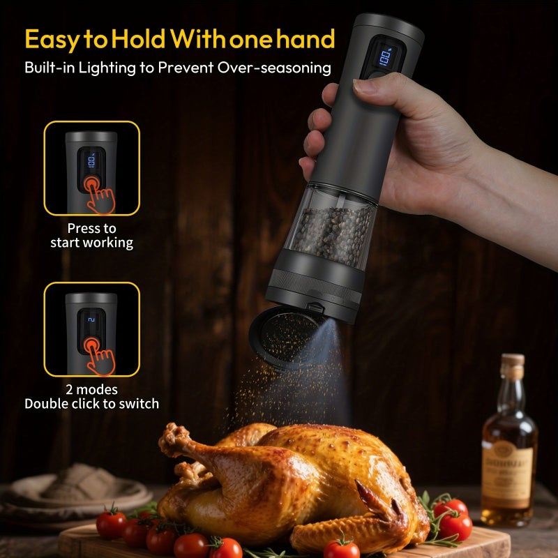 Silver Electric Salt and Pepper Grinder Set USB Rechargeable Automatic Spice Grinder With Adjustable Coarseness Refillable LED Light - Image 1
