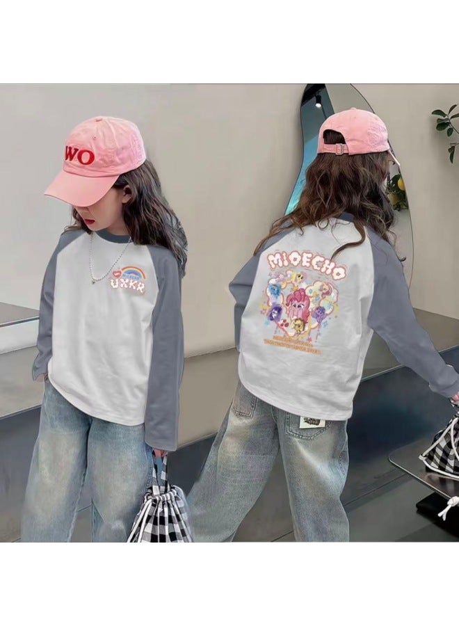 Girls' Pure Cotton Color-block Long-sleeve T-shirt, Spring And Autumn Base Shirt, Raglan Sleeve, Trendy Versatile Top For Young Children