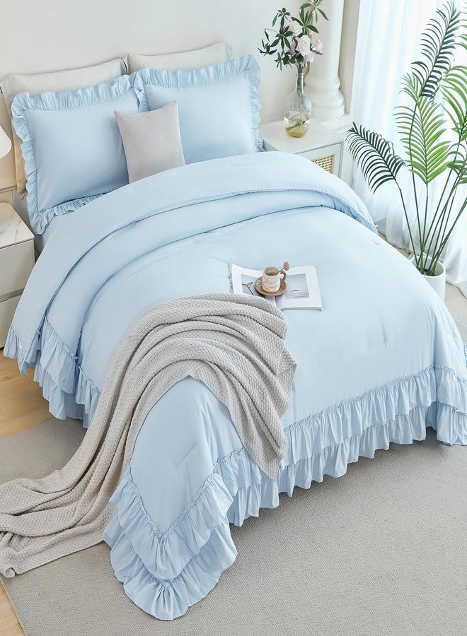 ANGIYUIN 5 Pieces Light Blue Full Bed in A Bag for Girls Ruffle Bedding Sets Farmhouse Fluffy Comforter Set Soft Lightweight Bed Sets for Women Girls(Light Blue Full) - Image 2