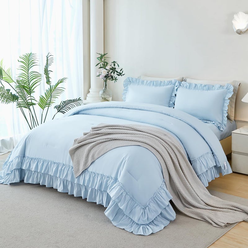 ANGIYUIN 5 Pieces Light Blue Full Bed in A Bag for Girls Ruffle Bedding Sets Farmhouse Fluffy Comforter Set Soft Lightweight Bed Sets for Women Girls(Light Blue Full) - Image 1