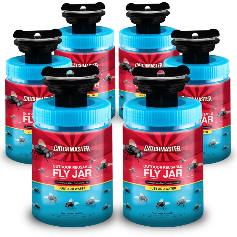 Catchmaster Fly Traps Outdoor 6-Pack with Airlock Lid for No-Mess Disposal, Pesticide-Free Hanging Fly Jars, Reusable Bug Catchers for Yard, Patio & Trash, Sets Up in Seconds - Image 1