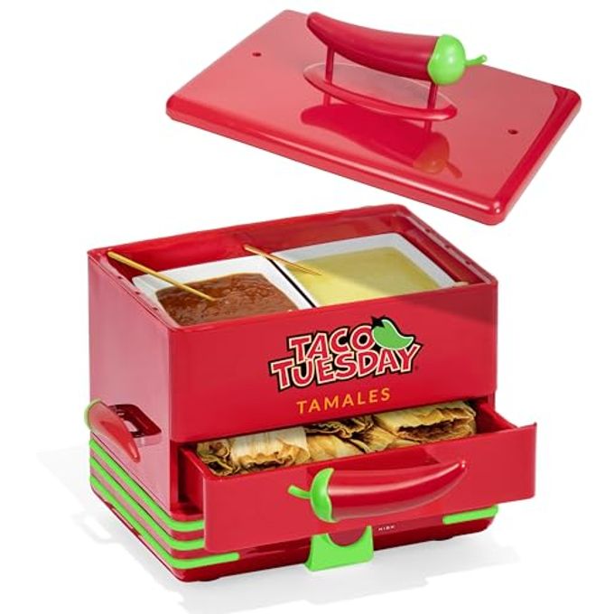 Nostalgia Taco Tuesday Tamales Steamer - Veggie, Pot Sticker, Hot Dog, Egg, & Hot Tamale 2 Tier Food Steamer â€“ Red and Green