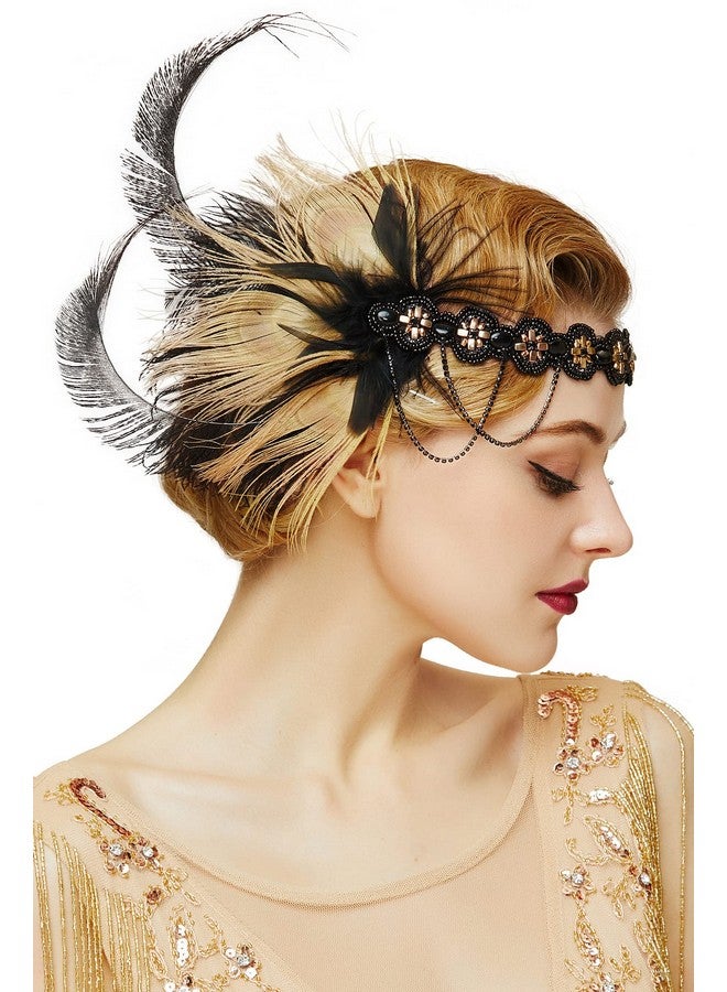 بيبيوند عصابة رأس من الريش مزينة بالترتر من عشرينيات القرن العشرين، إكسسوارات شعر فلابر غاتسبي (أسود وذهبي) - Image 1