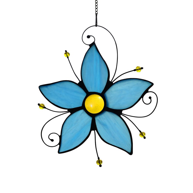 HAOSUM Stained Glass Window Hanging Flower OrnamentsForget Me Not Blue Flower Suncatcher for Window Home Decor of Living Room Gift for Women Valentines Day  Birthday  Christmas