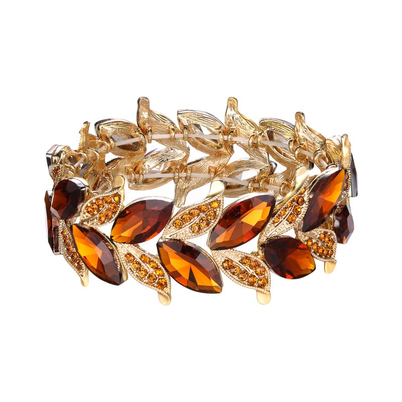 BriLove Wedding Bridal Bracelet for Women Bride Marquise-Shape Leaf Stretch Bangle for Party Prom Champagne Gold-Tone - Image 1