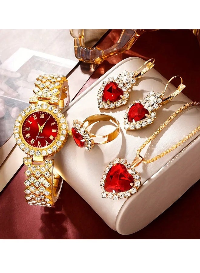 Happy D 4 pcs Elegant Women'S Watch Set, Including a Watch, Ring, Necklace And Earrings Set, with a Fashionable and Elegant Design, and a Luxurious Diamond-Embellished Design, Suitable for Women to Wear as a Gift - Image 1