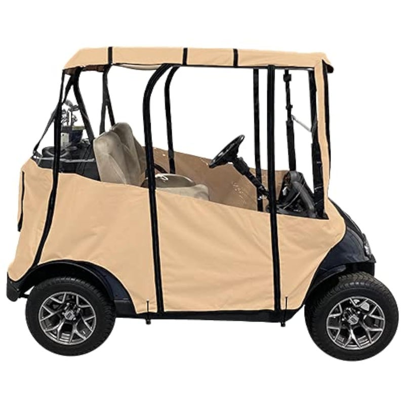 Premium Golf Cart Cover HeavyDuty Portable Drivable 4Sided Clear Window Rollup Zipper Door Large Waterproof Tan Golf Cart Cover Compatible with Club CarEZGO RXV TXT EZGO 60 L X 44 W